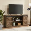 Farmhouse TV Stand with Sliding Barn Doors – Wood Entertainment Center with Storage Cabinets & Cable Management for Living Room