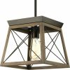 Antique Bronze Geometric Lantern Pendant Light – Dimmable 1-Light Farmhouse Ceiling Chandelier with Wood-Effect Metal Frame