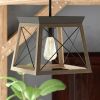 Antique Bronze Geometric Lantern Pendant Light – Dimmable 1-Light Farmhouse Ceiling Chandelier with Wood-Effect Metal Frame