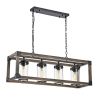 Industrial 4-Light Rectangular Chandelier – Antique Black & Wood Frame with Glass Shades, Dimmable Farmhouse Ceiling Light Fixture