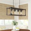 Industrial 4-Light Rectangular Chandelier – Antique Black & Wood Frame with Glass Shades, Dimmable Farmhouse Ceiling Light Fixture