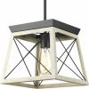 Graphite Geometric Lantern Pendant Light – Dimmable Farmhouse 1-Light Ceiling Fixture with Faux Wood Metal Frame