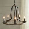 Rustic 5-Light Farmhouse Metal Chandelier – Oak Finish Dimmable Circle Ceiling Light Fixture for Dining Room & Kitchen