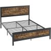 Queen Industrial Rivet Platform Bed Frame with Headboard – Rustic Brown Wood Finish Metal Bed, No Box Spring Required