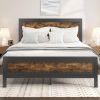 Queen Industrial Rivet Platform Bed Frame with Headboard – Rustic Brown Wood Finish Metal Bed, No Box Spring Required
