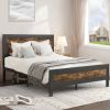 Queen Industrial Rivet Platform Bed Frame with Headboard – Rustic Brown Wood Finish Metal Bed, No Box Spring Required