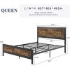 Queen Industrial Rivet Platform Bed Frame with Headboard – Rustic Brown Wood Finish Metal Bed, No Box Spring Required