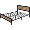 Queen Industrial Platform Bed Frame with Wood & Metal Rivet Design, Headboard & Footboard