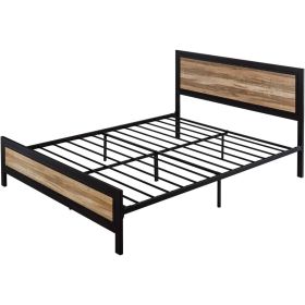 Queen Industrial Platform Bed Frame with Wood & Metal Rivet Design, Headboard & Footboard