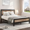 Queen Industrial Platform Bed Frame with Wood & Metal Rivet Design, Headboard & Footboard