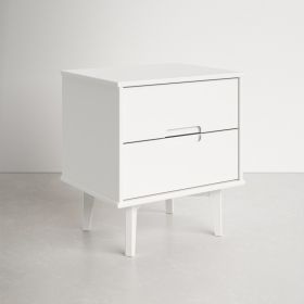 Farmhouse White Solid Wood 2-Drawer Nightstand with Mid-Century Modern Design, Deep Storage Drawers