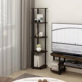 5-Shelf Modern Corner Bookcase Black Brown Wood Etagere Storage Rack, Space-Saving Vertical Bookshelf for Living Room, Bedroom & Office