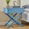Modern Campaign Nightstand with Drawer – Light Blue Wood Bedside Table with Nickel Accents, Cross Base End Table