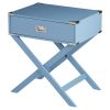 Modern Campaign Nightstand with Drawer – Light Blue Wood Bedside Table with Nickel Accents, Cross Base End Table