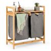 Natural Bamboo Double Laundry Hamper with Shelf – 2 Bin Sliding Laundry Sorter with Removable Bags, Eco-Friendly Organizer
