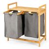 Natural Bamboo Double Laundry Hamper with Shelf – 2 Bin Sliding Laundry Sorter with Removable Bags, Eco-Friendly Organizer