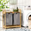 Natural Bamboo Double Laundry Hamper with Shelf – 2 Bin Sliding Laundry Sorter with Removable Bags, Eco-Friendly Organizer