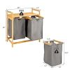 Natural Bamboo Double Laundry Hamper with Shelf – 2 Bin Sliding Laundry Sorter with Removable Bags, Eco-Friendly Organizer
