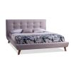 Full Size Scandinavian Upholstered Platform Bed – Beige Linen Button Tufted Headboard with Wood Legs, No Box Spring Needed