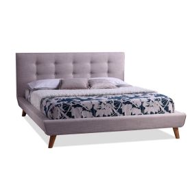Full Size Scandinavian Upholstered Platform Bed – Beige Linen Button Tufted Headboard with Wood Legs, No Box Spring Needed