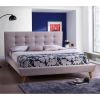 Full Size Scandinavian Upholstered Platform Bed – Beige Linen Button Tufted Headboard with Wood Legs, No Box Spring Needed