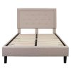 Full Beige Upholstered Platform Bed Frame – Tufted Fabric Headboard with Nail Trim, Wood Slats, No Box Spring Needed