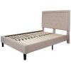 Full Beige Upholstered Platform Bed Frame – Tufted Fabric Headboard with Nail Trim, Wood Slats, No Box Spring Needed