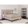Full Beige Upholstered Platform Bed Frame – Tufted Fabric Headboard with Nail Trim, Wood Slats, No Box Spring Needed