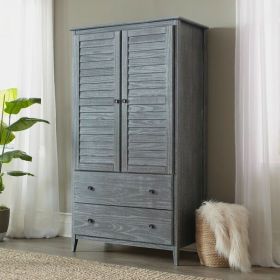 Farmhouse Coastal Solid Pine Armoire Wardrobe – Distressed Grey Louvered Storage Cabinet with Drawers, Rustic Bedroom Closet Organizer