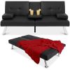 Black Faux Leather Convertible Futon Sofa Bed with Cup Holders, Modern Folding Sleeper Sofa with Recline Function, Chrome Legs