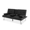 Black Faux Leather Convertible Futon Sofa Bed with Cup Holders, Modern Folding Sleeper Sofa with Recline Function, Chrome Legs