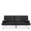 Black Faux Leather Convertible Futon Sofa Bed with Cup Holders, Modern Folding Sleeper Sofa with Recline Function, Chrome Legs