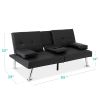 Black Faux Leather Convertible Futon Sofa Bed with Cup Holders, Modern Folding Sleeper Sofa with Recline Function, Chrome Legs