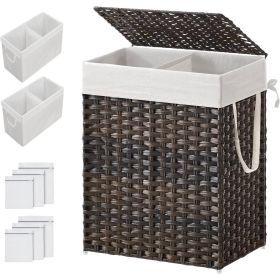 24-Gallon Double Compartment Laundry Hamper – Brown PP Rattan Basket with Lid, Removable Washable Liner Bags & Steel Frame Clothes Organizer