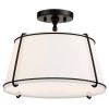 15-Inch White Drum Semi-Flush Mount Ceiling Light, 2-Light Fabric Shade Fixture with Black Metal Accents