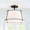 15-Inch White Drum Semi-Flush Mount Ceiling Light, 2-Light Fabric Shade Fixture with Black Metal Accents