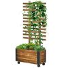 Rustic Wheeled Wooden Raised Garden Bed with Trellis – Farmhouse Fir Wood Planter Box on Wheels
