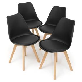 Set of 4 Mid-Century Modern Dining Chairs – Black PU Leather Upholstered Chairs with Beech Wood Legs