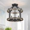 13-Inch Farmhouse Industrial Semi-Flush Mount Ceiling Light, Metal & Faux Wood 2-Light Fixture with Clear Glass Shade,