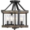 13-Inch Farmhouse Industrial Semi-Flush Mount Ceiling Light, Metal & Faux Wood 2-Light Fixture with Clear Glass Shade,