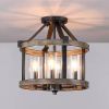 13-Inch Farmhouse Industrial Semi-Flush Mount Ceiling Light, Metal & Faux Wood 2-Light Fixture with Clear Glass Shade,