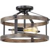 13-Inch Farmhouse Industrial Semi-Flush Mount Ceiling Light, Metal & Faux Wood 2-Light Fixture with Clear Glass Shade
