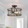 13-Inch Farmhouse Industrial Semi-Flush Mount Ceiling Light, Metal & Faux Wood 2-Light Fixture with Clear Glass Shade