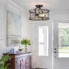 13-Inch Farmhouse Industrial Semi-Flush Mount Ceiling Light, Metal & Faux Wood 2-Light Fixture with Clear Glass Shade