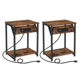 Set of 2 Nightstand End Tables with Charging Station – Rustic Brown Side Tables with 2 USB Ports, AC Outlets & Storage Shelf