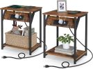 Set of 2 Nightstand End Tables with Charging Station – Rustic Brown Side Tables with 2 USB Ports, AC Outlets & Storage Shelf