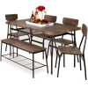 Modern 6-Piece Dining Set – Brown Wood Top Table with 4 Chairs & Storage Bench
