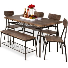 Modern 6-Piece Dining Set – Brown Wood Top Table with 4 Chairs & Storage Bench