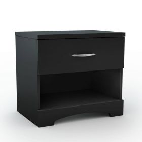 Modern Black Nightstand with Drawer & Open Storage – Minimalist Bedside Table with Metal Handle & Storage Shelf