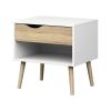 Mid-Century Modern Nightstand End Table with Drawer & Shelf, White & Oak Scandinavian Bedside Table with Solid Wood Legs